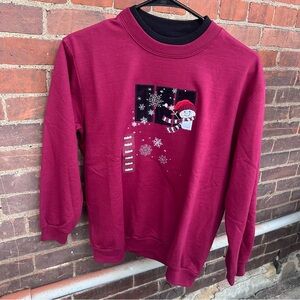 VTG NWT Topstitch Burgandy/Black Double Crewneck Snowman/Flakes Sweatshirt: SP